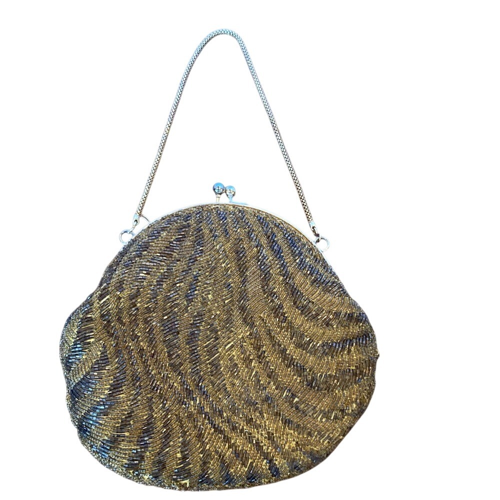 Vintage‎ Kiss Lock Elegant Gold Beaded Clutch Bag Purse Party Event Evening